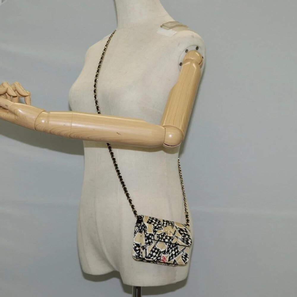 CHANEL Matelasse Checkered Flag Chain Shoulder Bag Nylon Beige CC Auth 125975M - Picture 14 of 16